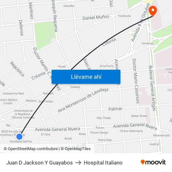 Juan D Jackson Y Guayabos to Hospital Italiano map
