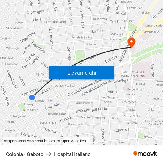 Colonia - Gaboto to Hospital Italiano map