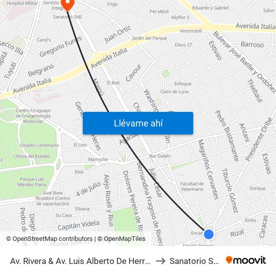 Av. Rivera & Av. Luis Alberto De Herrera to Sanatorio SMI map