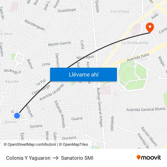 Colonia Y Yaguaron to Sanatorio SMI map