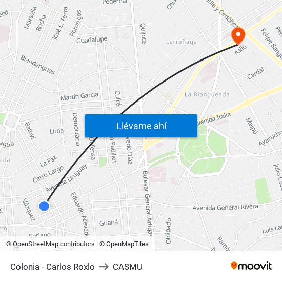 Colonia - Carlos Roxlo to CASMU map