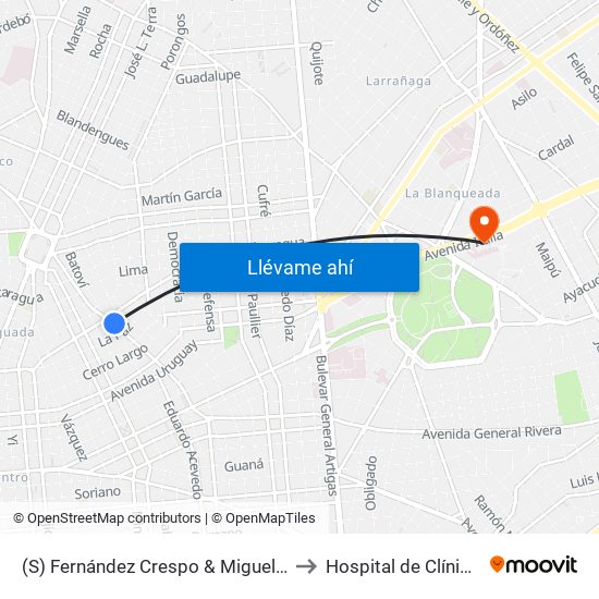 (S) Fernández Crespo & Miguelete to Hospital de Clínicas map