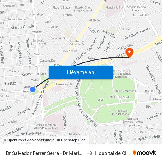 Dr Salvador Ferrer Serra - Dr Mario Cassinoni to Hospital de Clínicas map