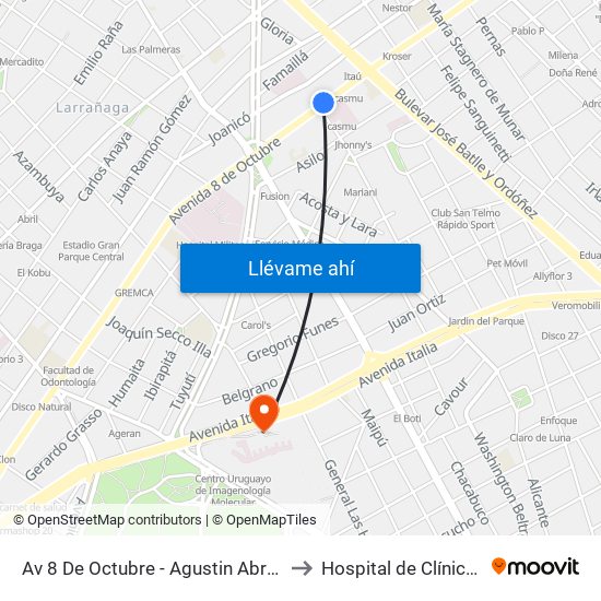 Av 8 De Octubre - Agustin Abreu to Hospital de Clínicas map