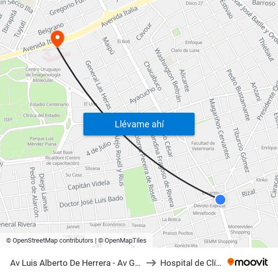 Av Luis Alberto De Herrera - Av Gral Rivera to Hospital de Clínicas map