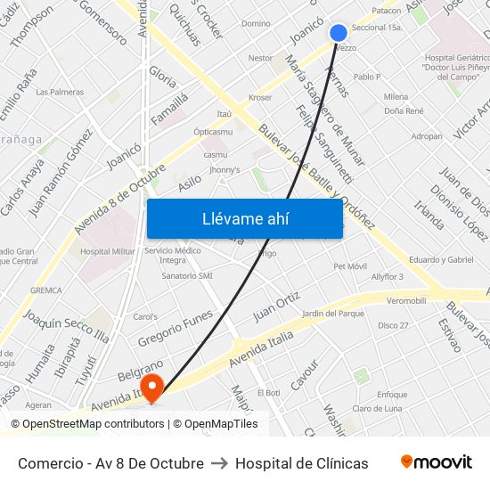 Comercio - Av 8 De Octubre to Hospital de Clínicas map