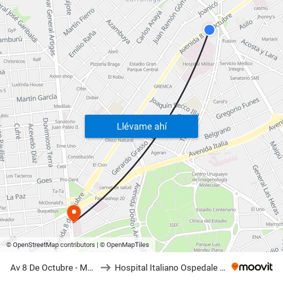 Av 8 De Octubre - Mariano Moreno to Hospital Italiano Ospedale Italiano Umberto I map