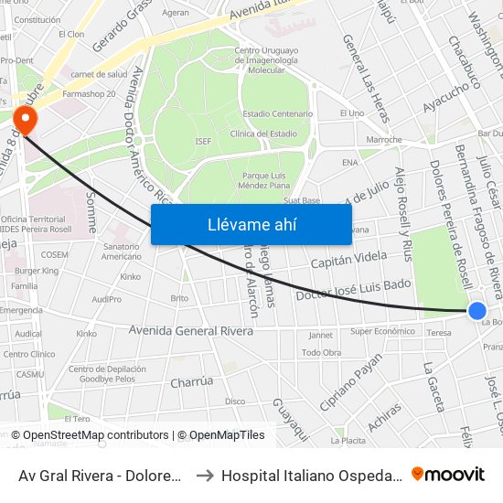 Av Gral Rivera - Dolores Pereira De Rossell to Hospital Italiano Ospedale Italiano Umberto I map