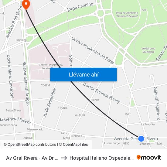 Av Gral Rivera - Av Dr Francisco Soca to Hospital Italiano Ospedale Italiano Umberto I map