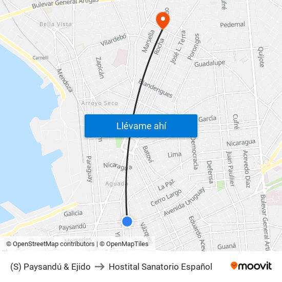 (S) Paysandú & Ejido to Hostital Sanatorio Español map