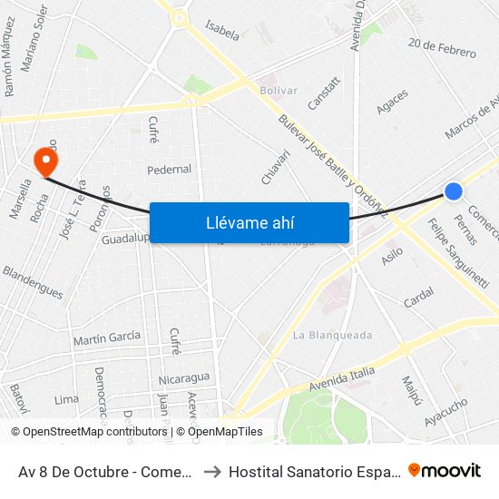 Av 8 De Octubre - Comercio to Hostital Sanatorio Español map