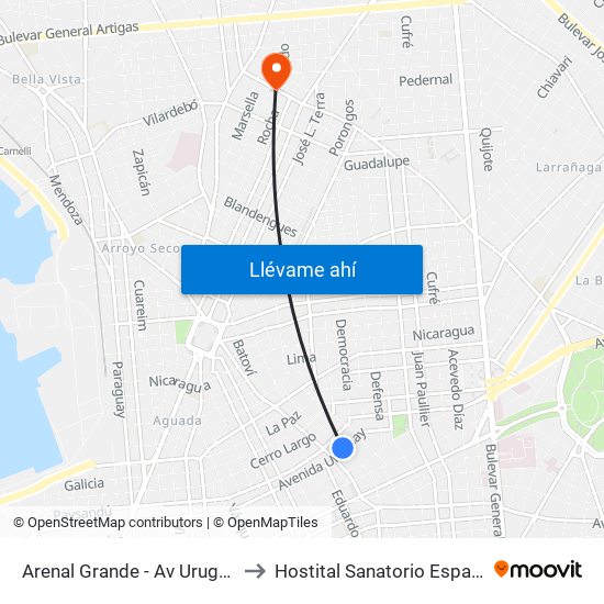 Arenal Grande - Av Uruguay to Hostital Sanatorio Español map