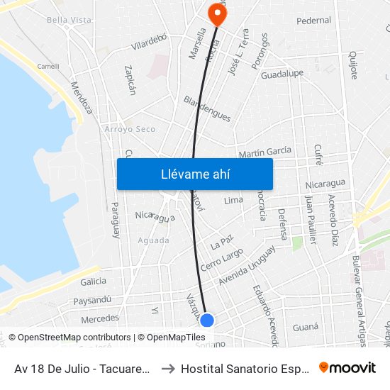 Av 18 De Julio - Tacuarembo to Hostital Sanatorio Español map