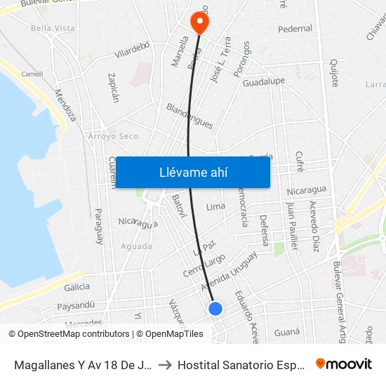 Magallanes Y Av 18 De Julio to Hostital Sanatorio Español map