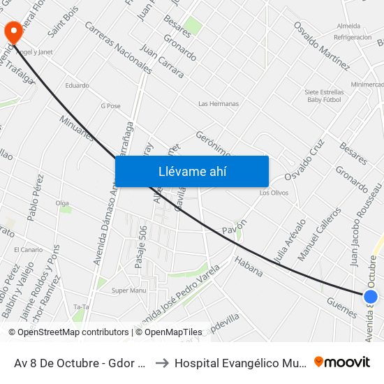 Av 8 De Octubre - Gdor Vigodet to Hospital Evangélico Mutualista map