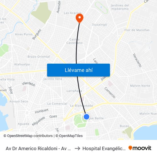 Av Dr Americo Ricaldoni - Av Dr Alfredo Navarro to Hospital Evangélico Mutualista map