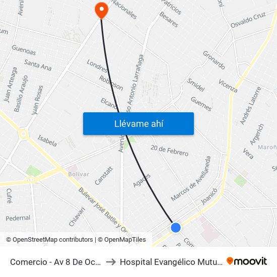 Comercio - Av 8 De Octubre to Hospital Evangélico Mutualista map