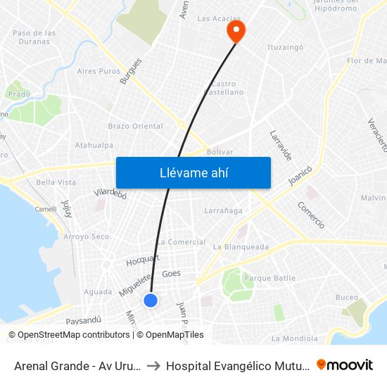 Arenal Grande - Av Uruguay to Hospital Evangélico Mutualista map