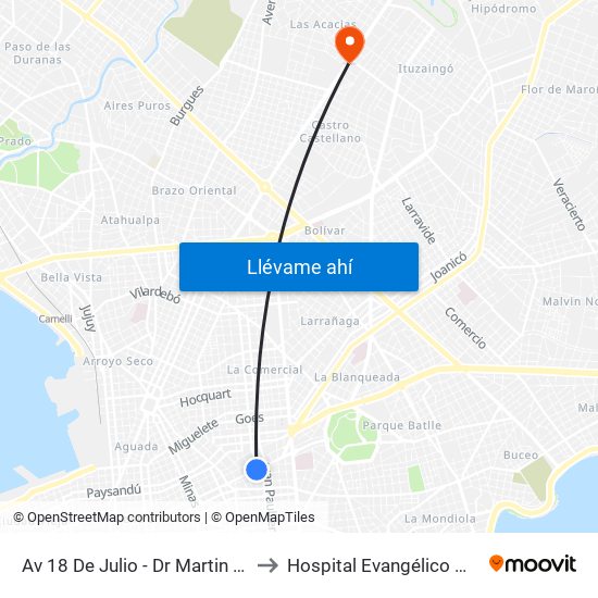 Av 18 De Julio - Dr Martin C Martinez to Hospital Evangélico Mutualista map