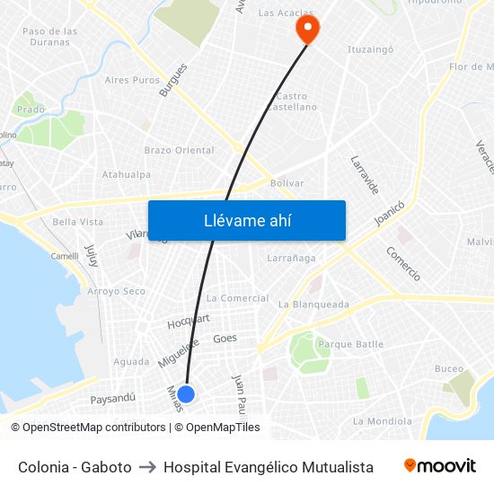Colonia - Gaboto to Hospital Evangélico Mutualista map
