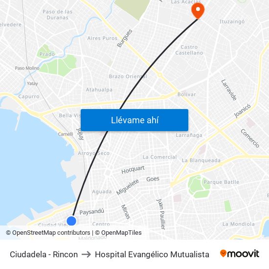 Ciudadela - Rincon to Hospital Evangélico Mutualista map