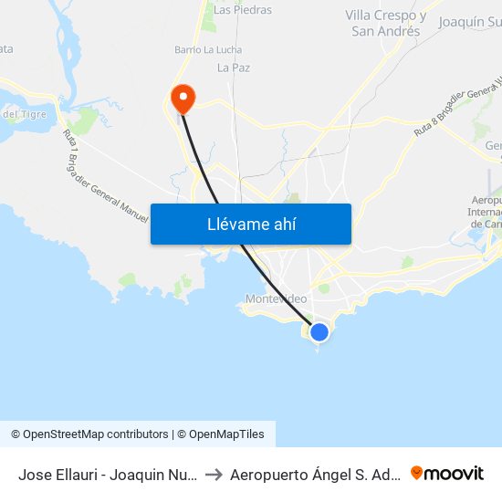 Jose Ellauri - Joaquin Nuñez to Aeropuerto Ángel S. Adami map