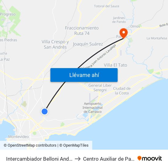 Intercambiador Belloni Andén 4 to Centro Auxiliar de Pando map