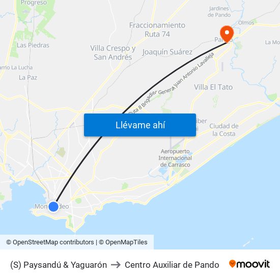 (S) Paysandú & Yaguarón to Centro Auxiliar de Pando map