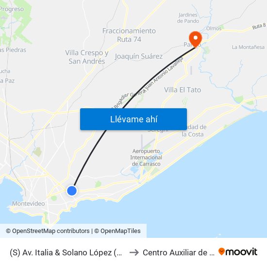 (S) Av. Italia & Solano López (Comercio) to Centro Auxiliar de Pando map