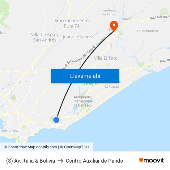 (S) Av. Italia & Bolivia to Centro Auxiliar de Pando map