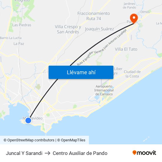 Juncal Y Sarandi to Centro Auxiliar de Pando map
