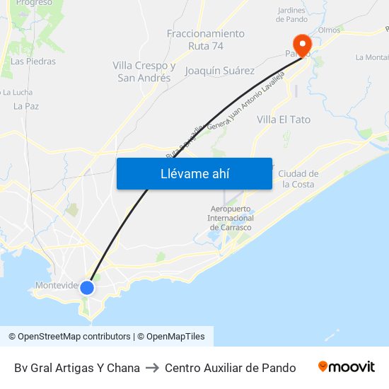 Bv Gral Artigas Y Chana to Centro Auxiliar de Pando map