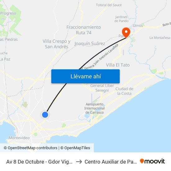 Av 8 De Octubre - Gdor Vigodet to Centro Auxiliar de Pando map
