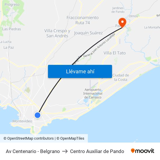 Av Centenario - Belgrano to Centro Auxiliar de Pando map