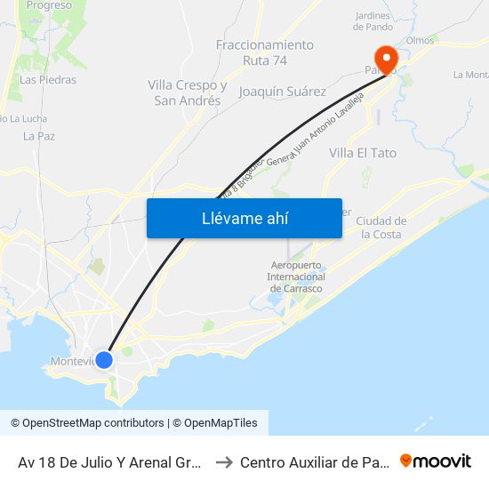 Av 18 De Julio Y Arenal Grande to Centro Auxiliar de Pando map