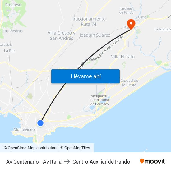 Av Centenario - Av Italia to Centro Auxiliar de Pando map