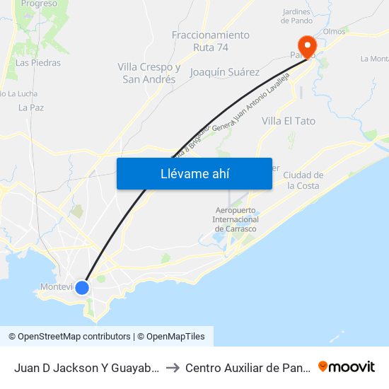 Juan D Jackson Y Guayabos to Centro Auxiliar de Pando map