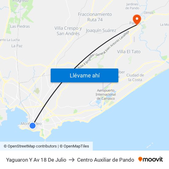 Yaguaron Y Av 18 De Julio to Centro Auxiliar de Pando map