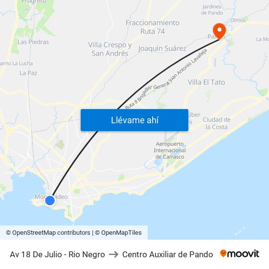 Av 18 De Julio - Rio Negro to Centro Auxiliar de Pando map