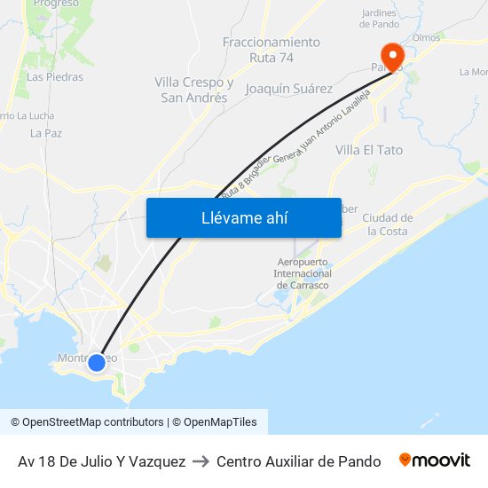 Av 18 De Julio Y Vazquez to Centro Auxiliar de Pando map