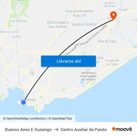 Buenos Aires E Ituzaingo to Centro Auxiliar de Pando map