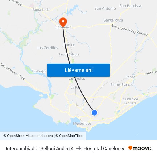 Intercambiador Belloni Andén 4 to Hospital Canelones map
