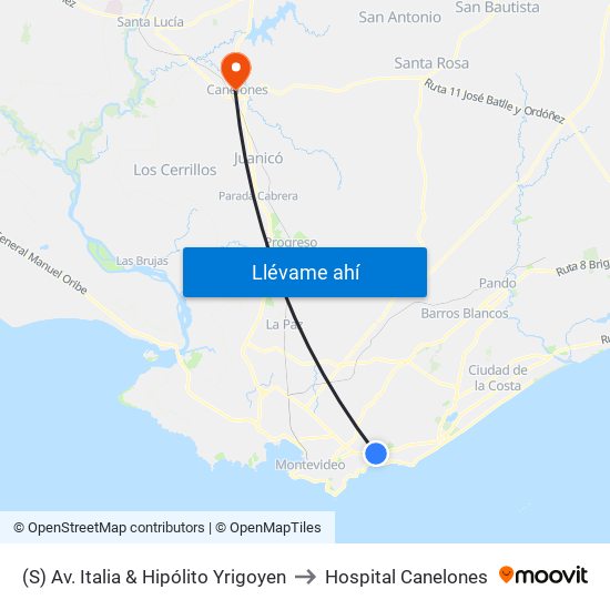 (S) Av. Italia & Hipólito Yrigoyen to Hospital Canelones map