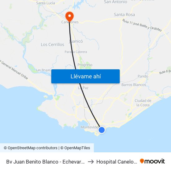 Bv Juan Benito Blanco - Echevarriarza to Hospital Canelones map