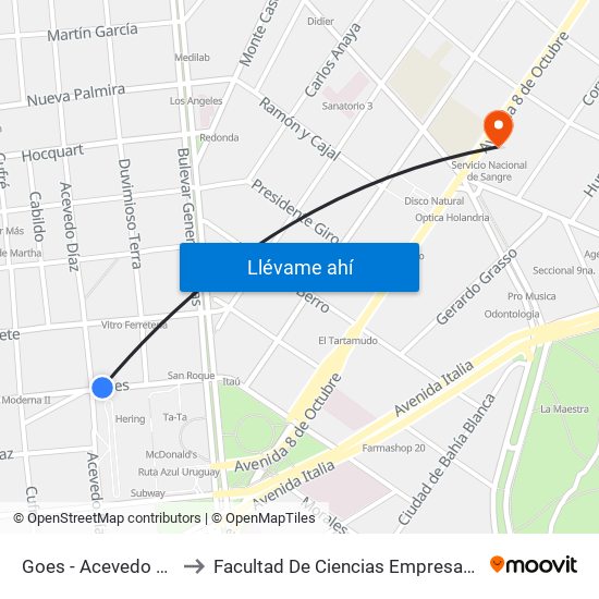 Goes - Acevedo Diaz to Facultad De Ciencias Empresariales map