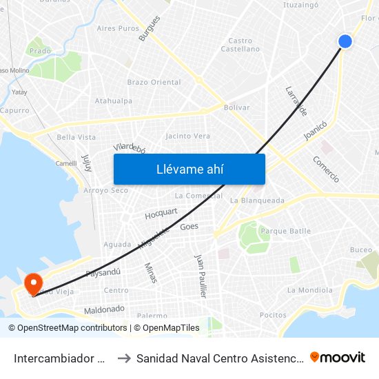 Intercambiador Belloni Andén 4 to Sanidad Naval Centro Asistencial Familiar Montevideo map