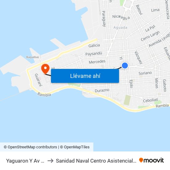 Yaguaron Y Av 18 De Julio to Sanidad Naval Centro Asistencial Familiar Montevideo map