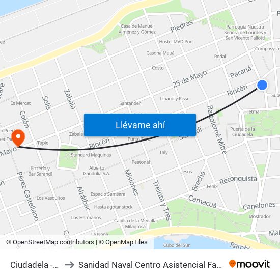 Ciudadela - Rincon to Sanidad Naval Centro Asistencial Familiar Montevideo map