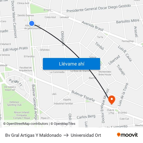 Bv Gral Artigas Y Maldonado to Universidad Ort map