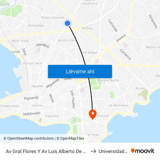 Av Gral Flores Y Av Luis Alberto De Herrera to Universidad Ort map
